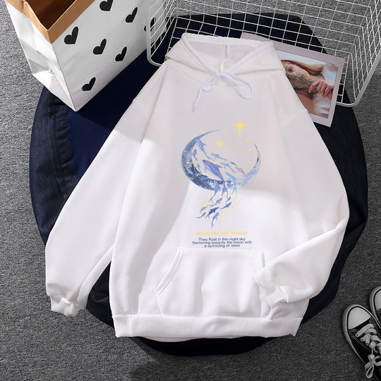 Damen nan Kapuzenpullover mit Mond‑und‑Wal-Illustration, Oversize-Schnitt und Kängurutasche EB