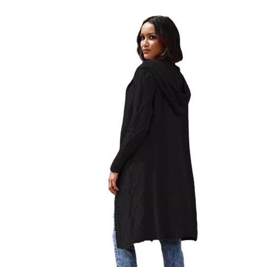 Damen Strickmantel mit Kapuze und dekorativem Zopfdesign EB