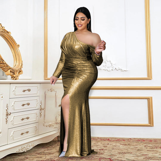 Damen Abendkleid mit schimmerndem Wickeldesign und raffiniertem Schlitz EB