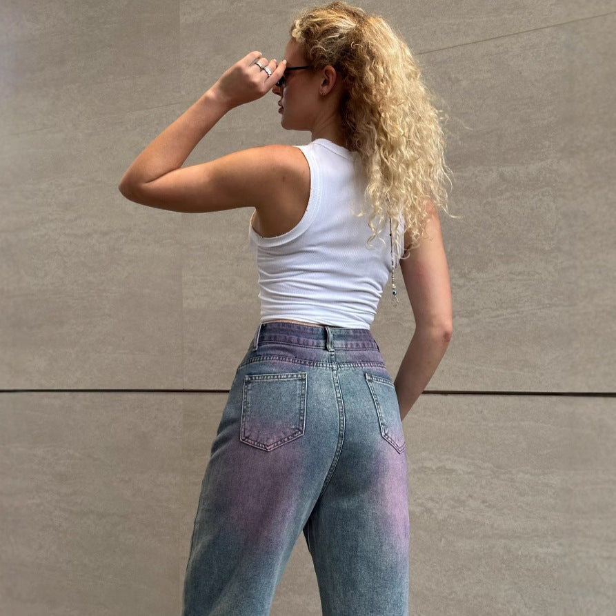 Damen Wide-Leg Jeans mit farbverlaufendem Design und hohem Bund EB