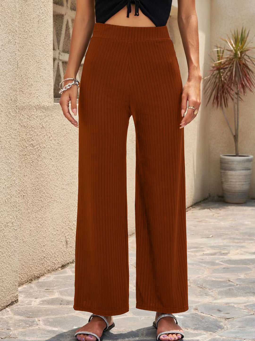 Damen Weite, gestreifte Plisseehose mit hohem Bund und elastischem Taillenbund EB