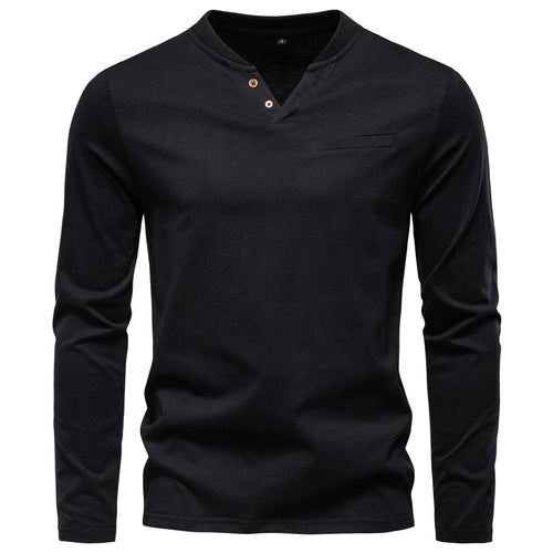 Herren nan tailliertes Langarmshirt im Henley-Stil mit kurzem V-Ausschnitt, Zierknöpfen und Brustleistentasche EB
