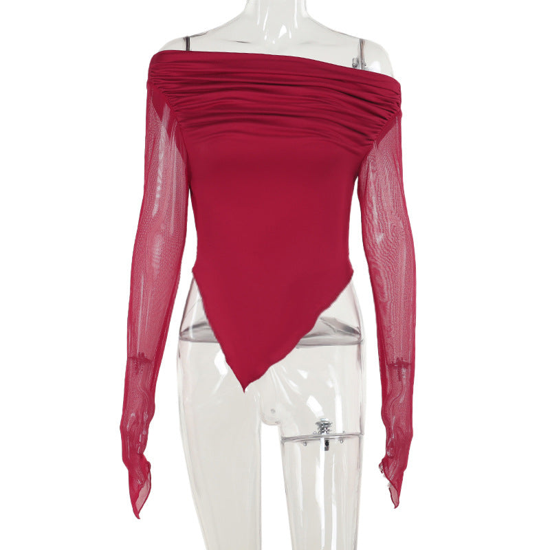 Damen elegantes Wickelshirt mit schulterfreiem Design und transparenten Ärmeln EB