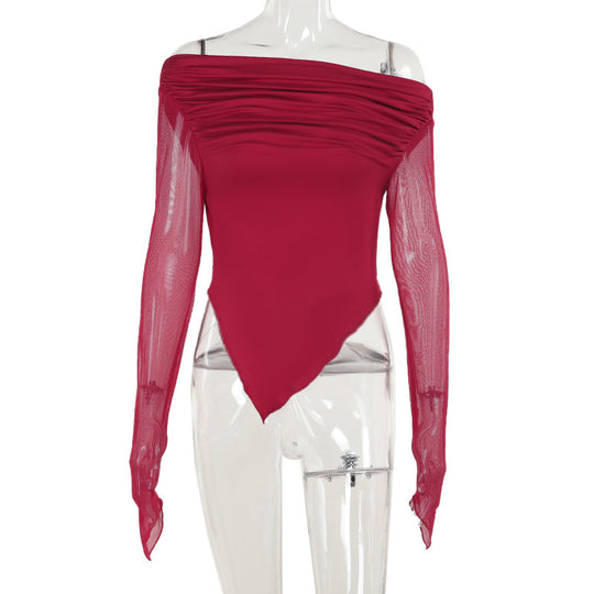 Damen elegantes Wickelshirt mit schulterfreiem Design und transparenten Ärmeln EB