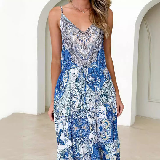 Damen Maxikleid im eleganten Ethno-Design mit Taschen und feinem V-Ausschnitt EB