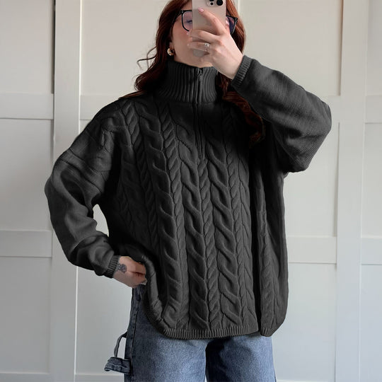 Damen nan oversized Zopfmuster-Troyer mit halbem Reißverschluss, hohem Stehkragen und gerundetem Saum EB
