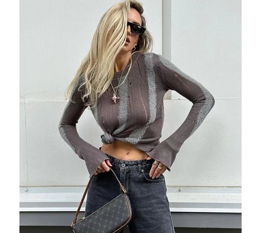 Damen modisches Strickoberteil mit elegantem Knoten und schmalen Ärmeln EB