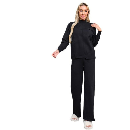 Damen gemütliches Strick-Loungewear-Set mit hohem Kragen und weitem Schnitt EB