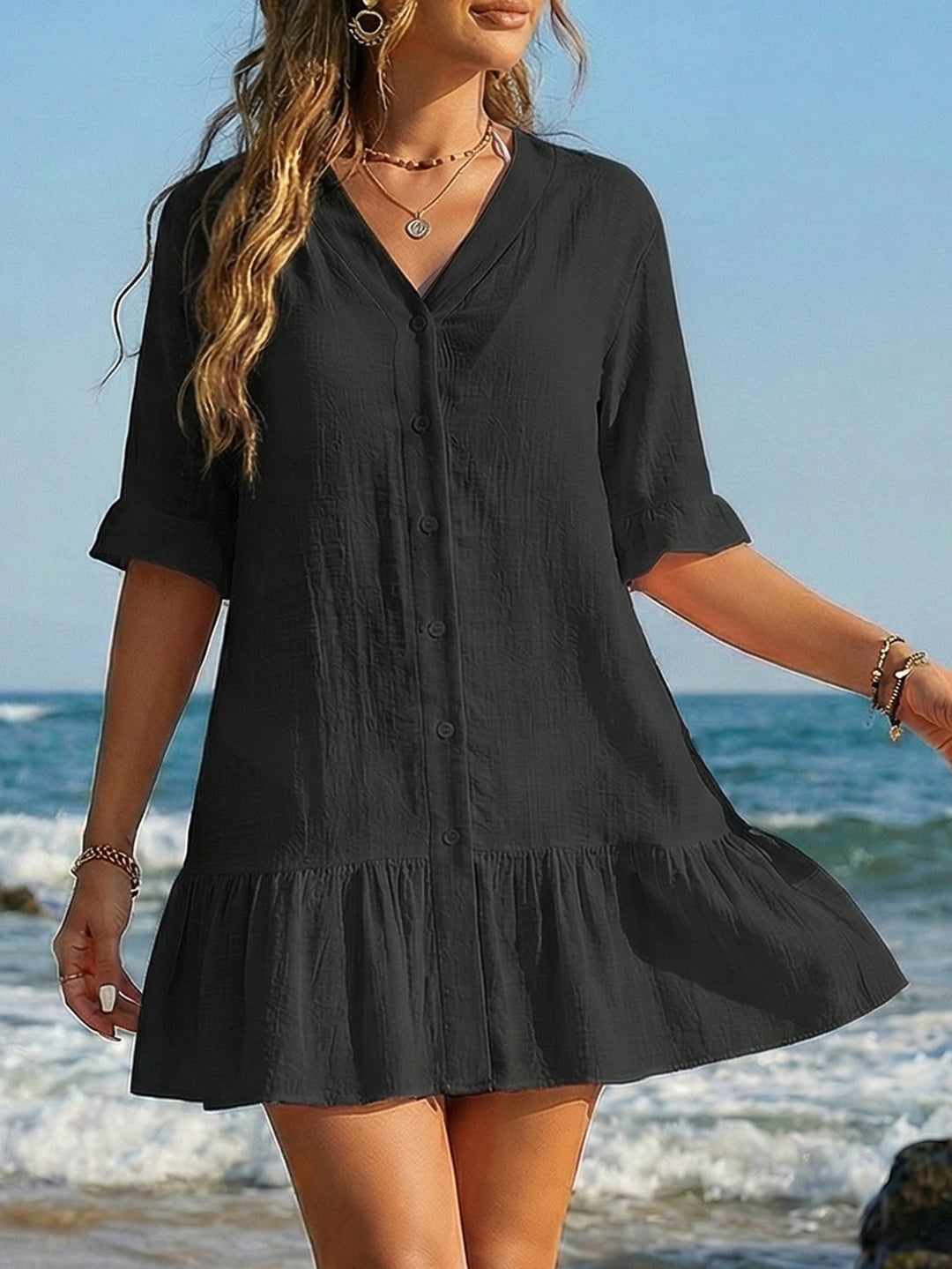 Damen luftiges Sommerkleid mit Knopfleiste und Rüschen EB