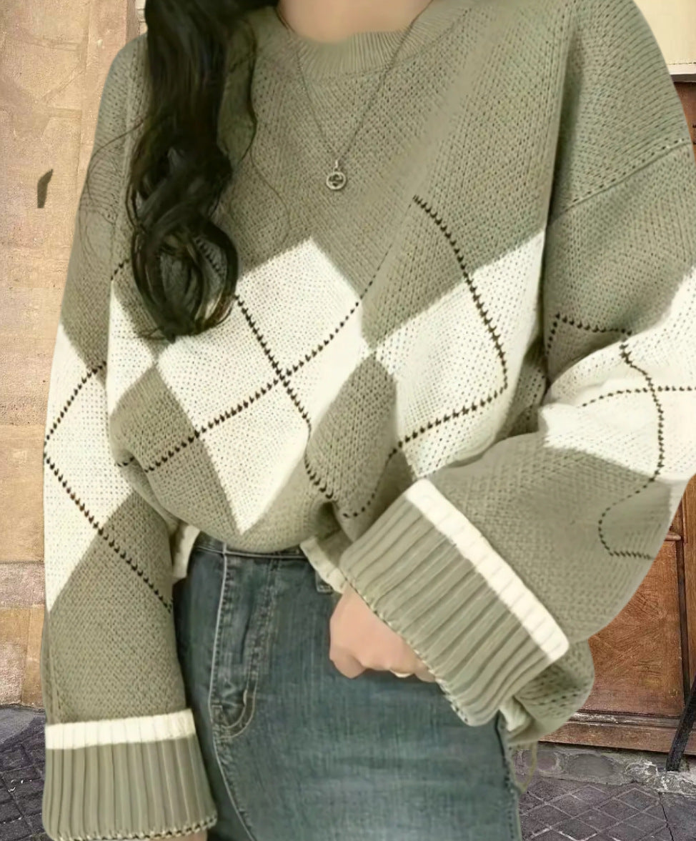 Damen Grobstrickpullover mit modernen Rautenmustern und weitem Schnitt EB