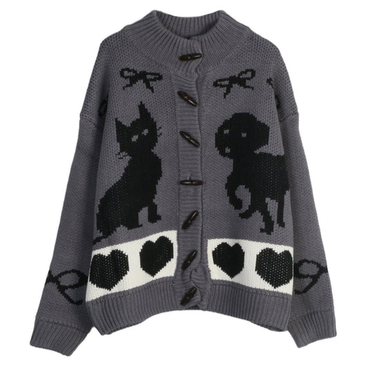 Damen Strickjacke mit verspielten Tiermotiven und Knopfdetaillierung EB