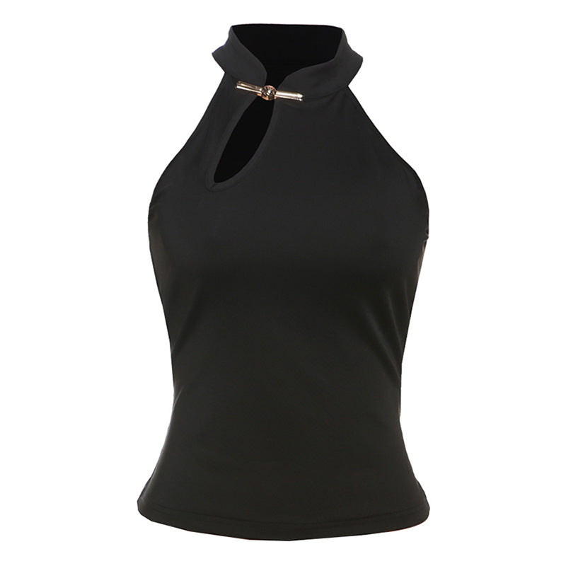 Damen modernes Hochkragen Top mit elegantem Schlitz und goldener Akzent EB