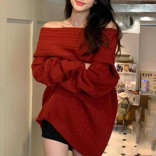 Damen Oversized Pullover mit Off-Shoulder-Schnitt EB