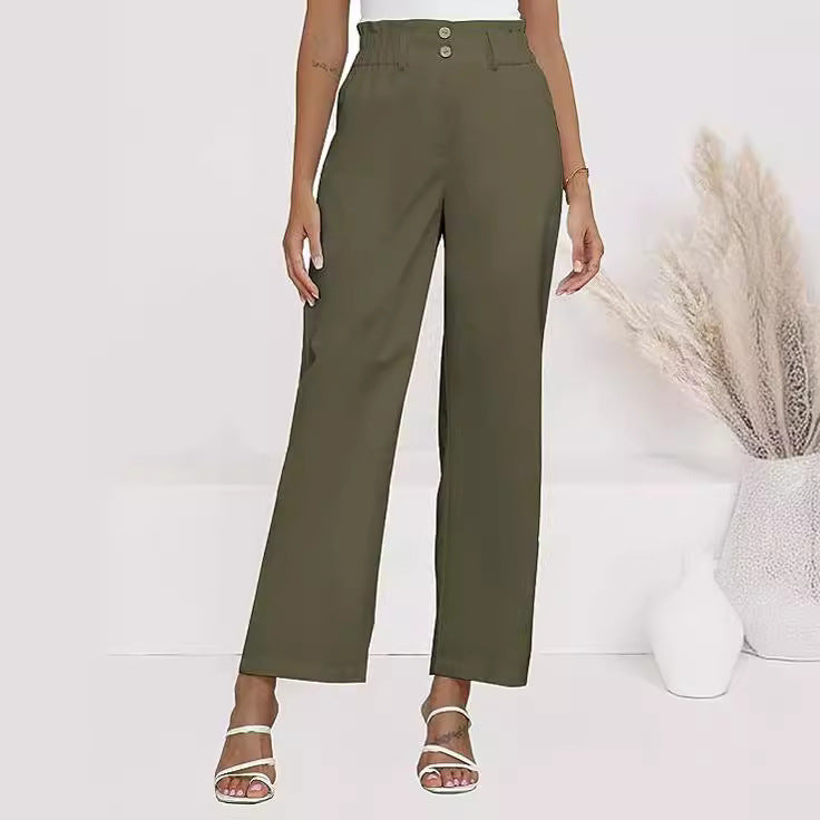 Damen weite Stoffhose mit elastischem Bund und modischen Knopfdetails EB