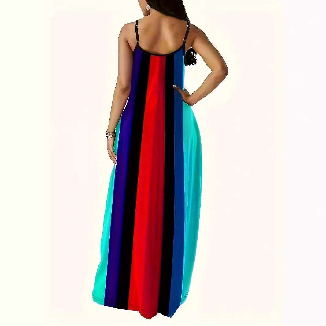 Damen Maxikleid mit tiefem V-Ausschnitt und modischem Streifenmuster EB