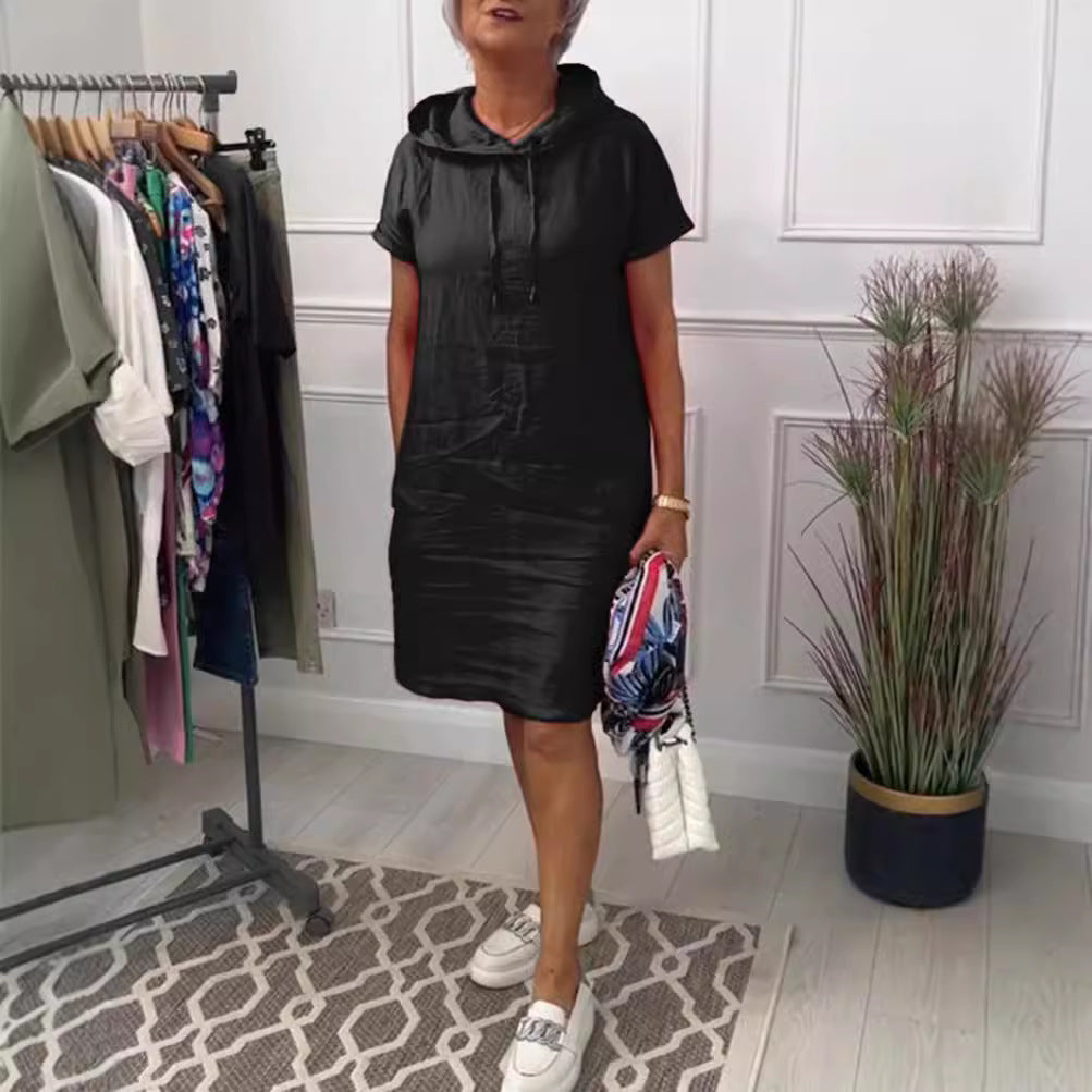 Damen nan legeres Kapuzenkleid mit kurzem Ärmel, geradem Schnitt und Kordelzug EB