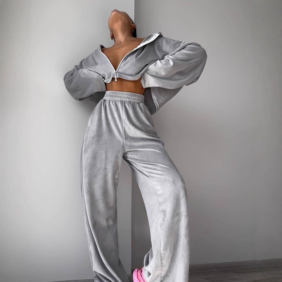 Damen Cropped Samt-Zip-Hoodie mit ausgestellten Ärmeln und fließender High-Waist Loungehose EB