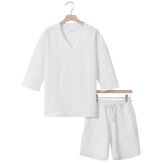 Unisex nan lässiges Lounge-Set mit V-Ausschnitt-Oberteil und Kordelbund-Shorts EB