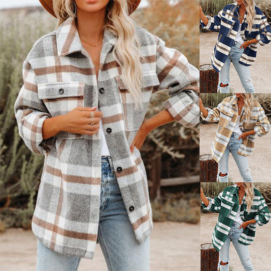 Damen Flanell Overshirt mit kariertem Muster und praktischen Brusttaschen EB