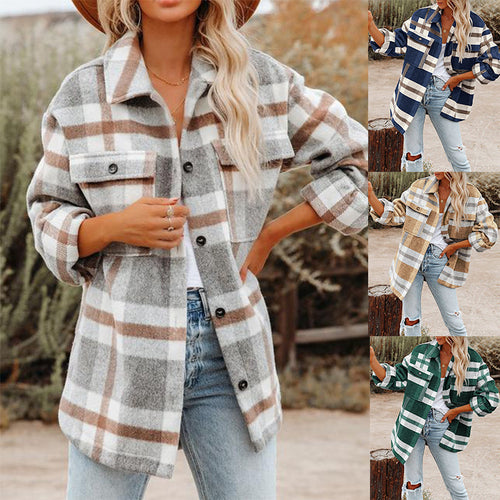Damen Flanell Overshirt mit kariertem Muster und praktischen Brusttaschen EB
