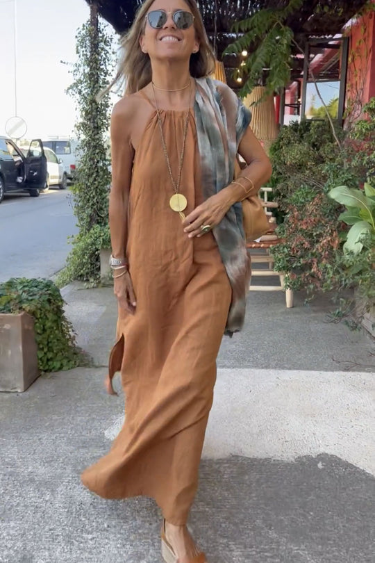 Damen Langes Leinenkleid mit schulterfreier Trägerkonstruktion und flirtendem Schlitz EB