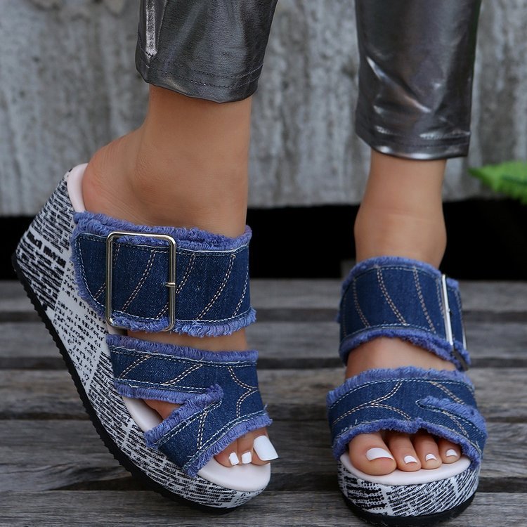 Damen Wedge-Pantoletten mit trendigem Jeans-Design und verstellbarem Riemen EB