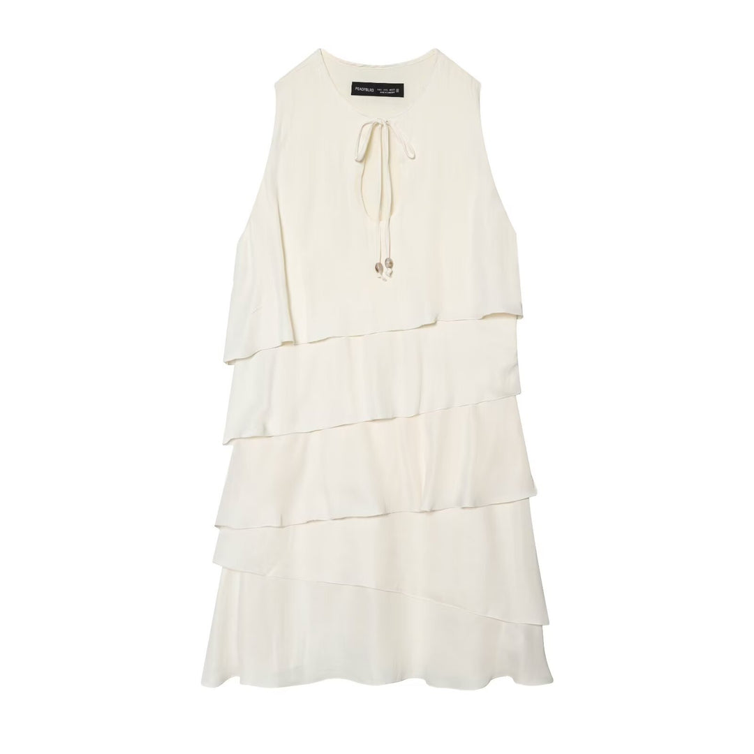 Damen Midi-Kleid mit schwingendem Volant und elegantem Bindegürtel EB
