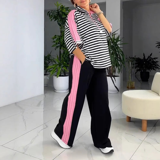 Damen nan lässiges zweiteiliges Polo-Lounge-Set mit Oversize-Streifen, Pompom-Applikation und kontrastierenden Seitenbahnen EB