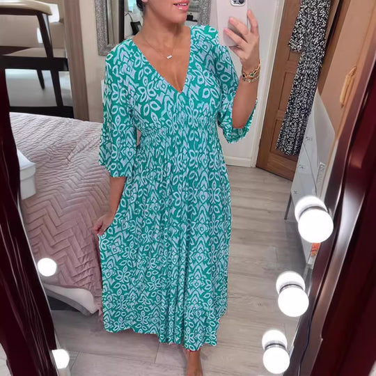 Damen Maxikleid mit schmeichelndem V-Ausschnitt und voluminösen Ärmeln EB