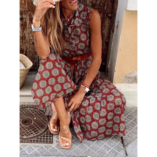 Damen Bohemian Maxi Kleid mit verstellbarem Gürtel EB