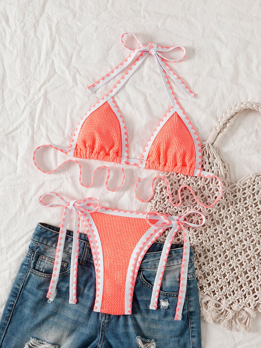 Damen Triangel-Bikini mit verspielten Bindebändern und feiner Struktur EB