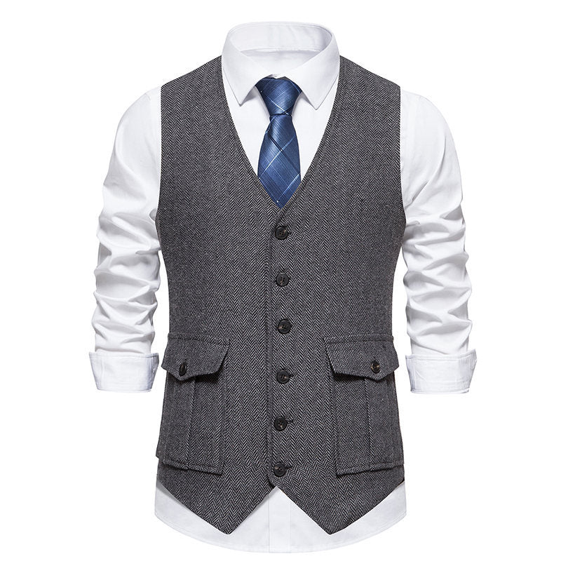 Herren elegante Weste im klassischen Fischgrätmuster mit praktischen Taschen EB