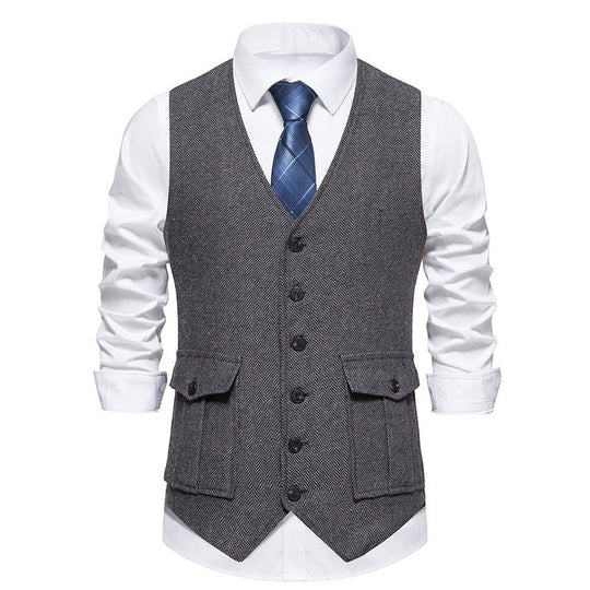 Herren elegante Weste im klassischen Fischgrätmuster mit praktischen Taschen EB