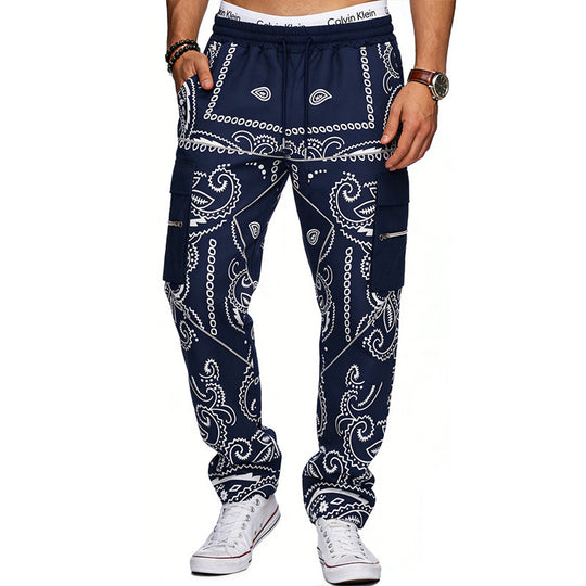 Herren Cargo-Hose mit Bandana-Print, elastischem Bund und Zipper-Taschen EB