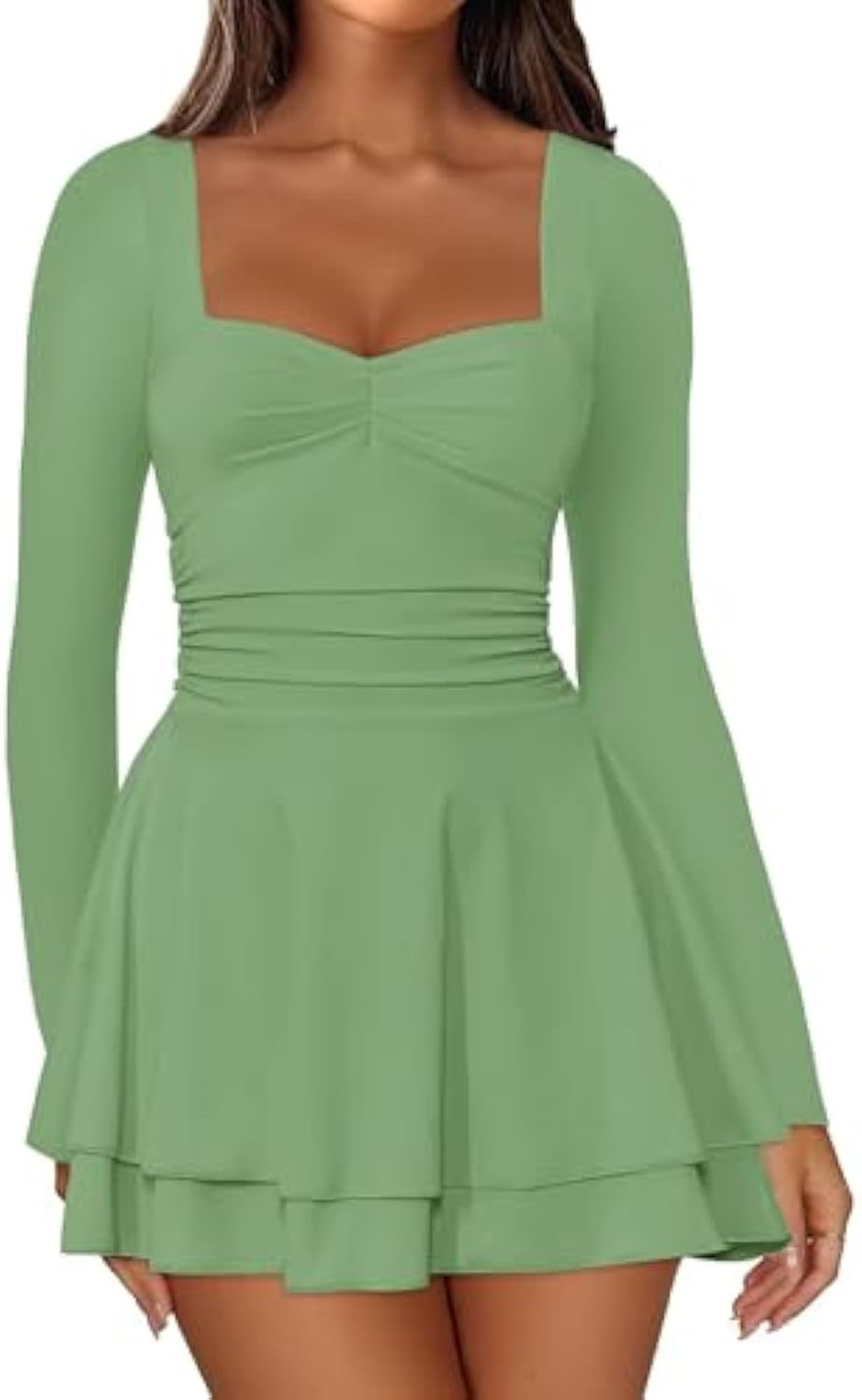 Damen Langarm-Minikleid mit quadratischem Ausschnitt, taillierter Raffung und zweilagigem Volantrock EB