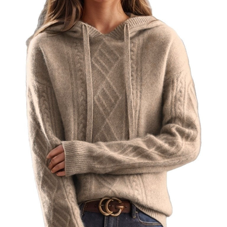 Damen nan kuscheliger Kapuzenpullover aus Kaschmirmischung mit Zopfmuster und Oversize-Schnitt EB