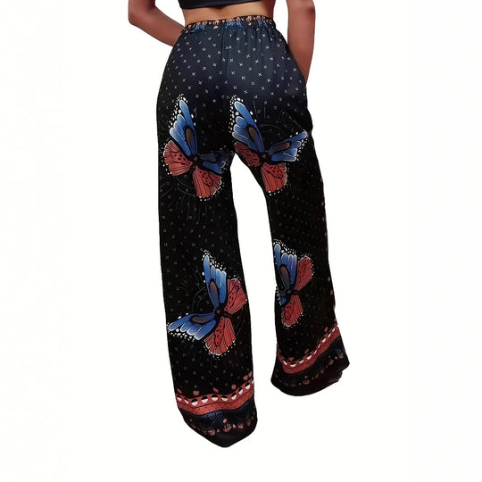 Damen Weite Palazzo-Hose mit buntem Schmetterlingsdruck und elastischem Bund EB