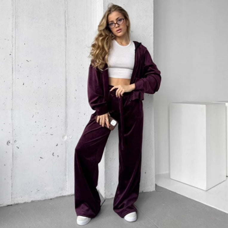 Damen weicher Velours Zweiteiler mit Kapuzenjacke und weiter Jogginghose EB