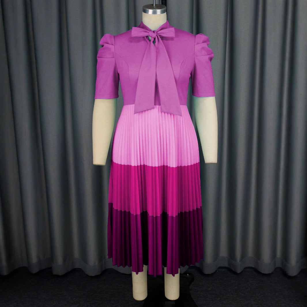 Damen Elegantes Plisseekleid mit Schleifenkragen EB