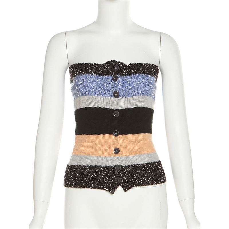 Damen Bandeau-Top mit bunten Streifen und dekorativen Knöpfen EB