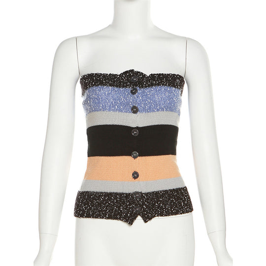Damen Bandeau-Top mit bunten Streifen und dekorativen Knöpfen EB