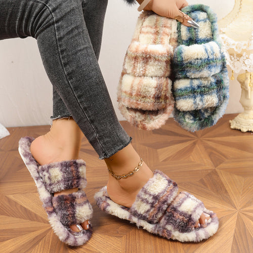 Damen bequeme Hausschuhe aus flauschigem Material mit doppeltem Riemen EB