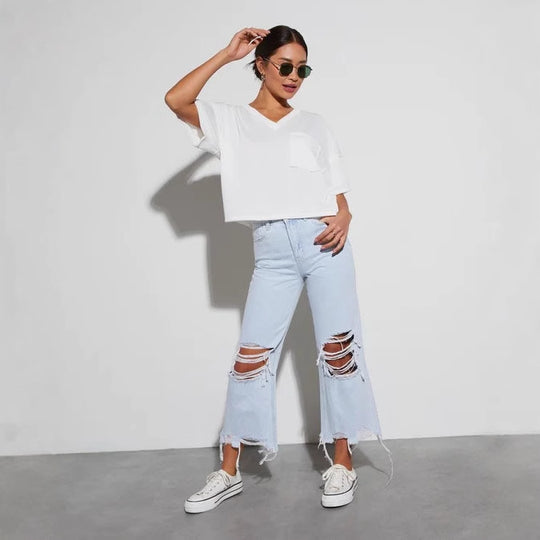 Damen Mom Jeans mit ausgefranstem Saum und Rippen-Details EB