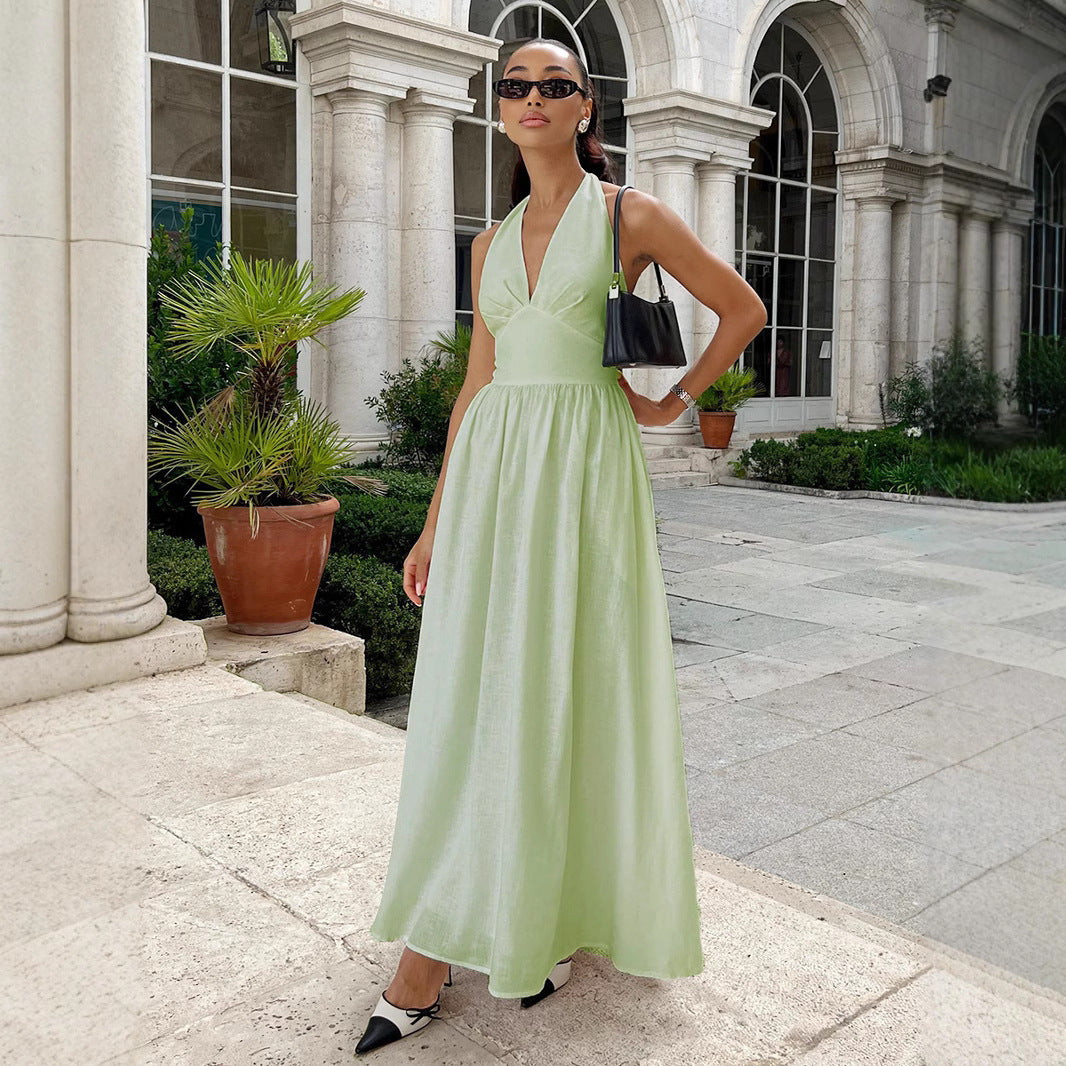 Damen Elegantes Maxikleid mit Halterneck-Design und fließendem Rock EB