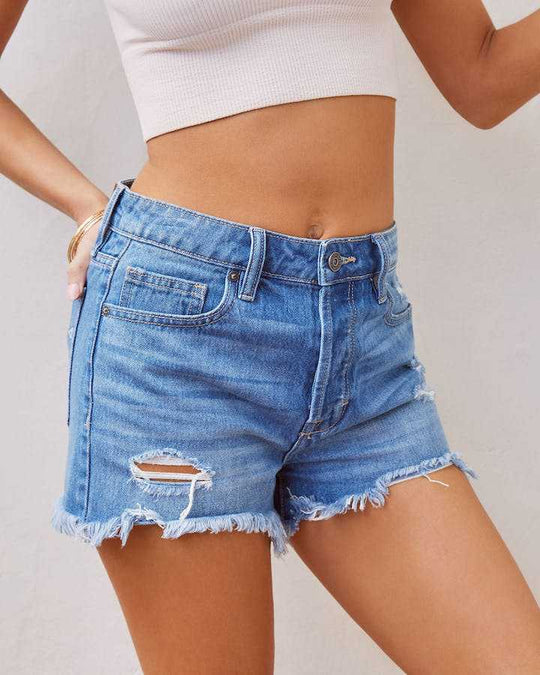 Damen Jeansshorts im distressed Look mit fransigem Saum und hohem Bund EB
