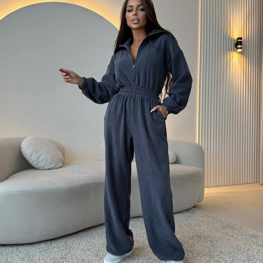 Damen Oversized Loungewear-Jumpsuit mit halbem Reißverschluss und elastischer Taillenraffung EB