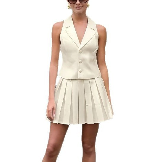 Damen ärmellose Blazer mit plissiertem Rock EB