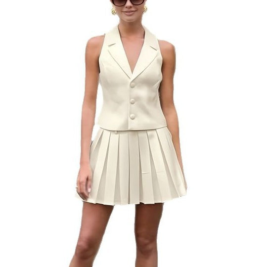 Damen ärmellose Blazer mit plissiertem Rock EB