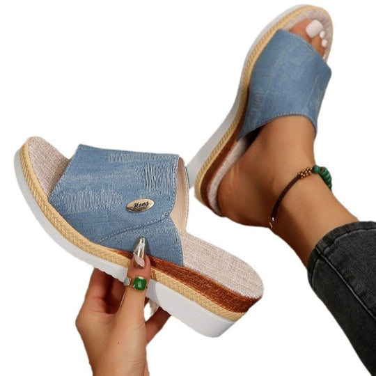 Damen Wedge-Pantoletten mit elegantem Denim-Obermaterial und komfortabler Fußbettung EB