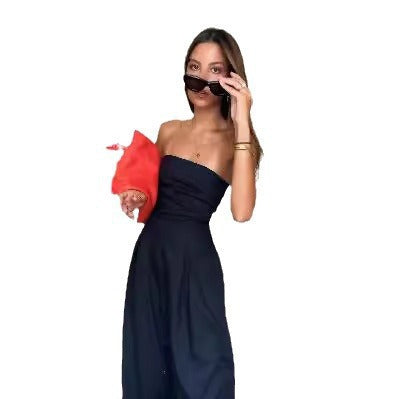 Damen trägerloser Jumpsuit mit weitem Bein und seitlichen Taschen EB